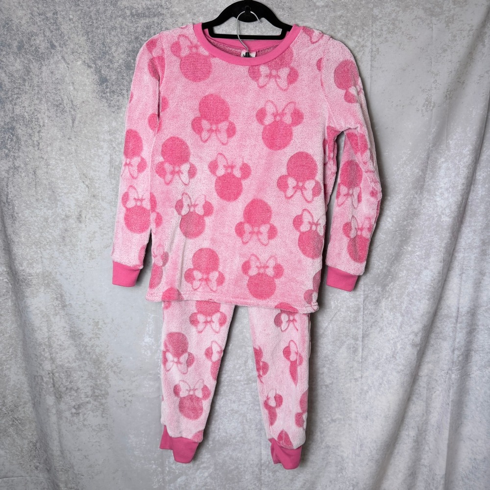 Disney Minnie Mouse Girls Youth L Pink Plush Fleece Pajama Set 2 Piece Fuzzy PJs